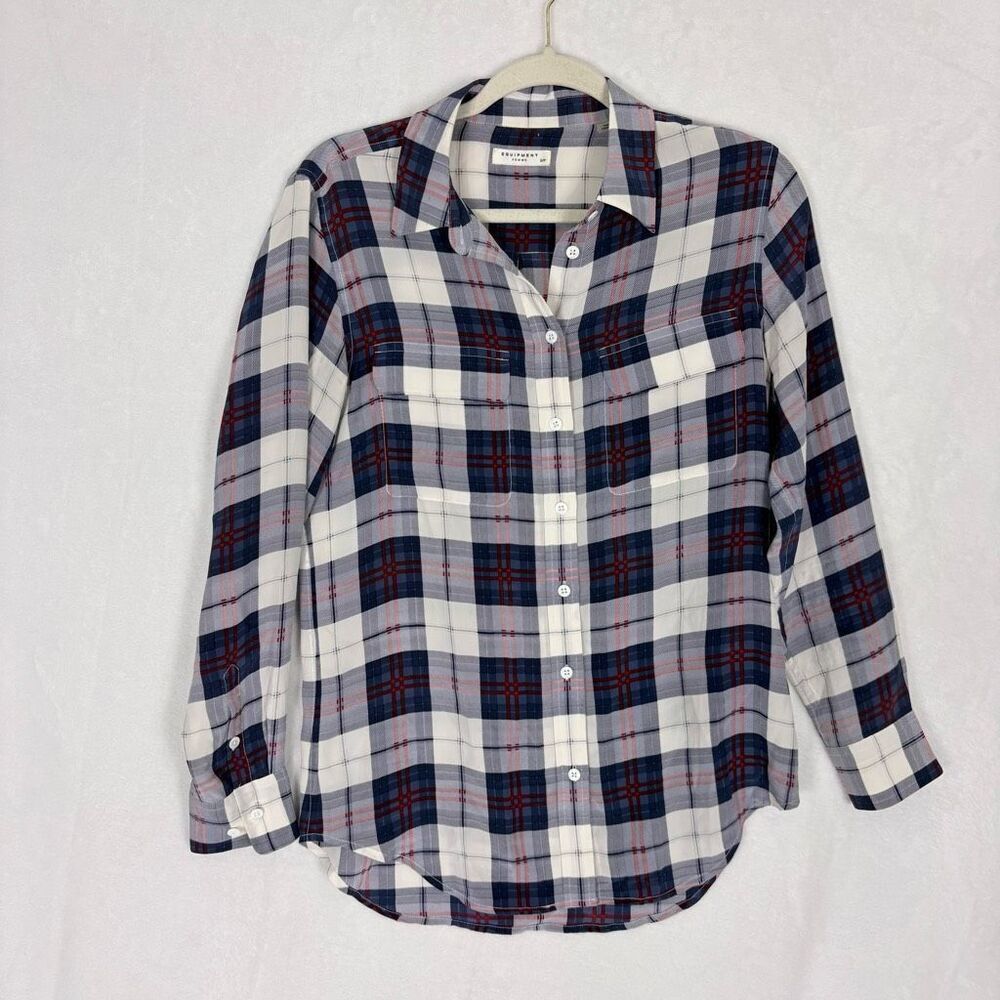 Equipment 100% Silk Red, White, and Blue Plaid Collared Button Down Shirt Small
